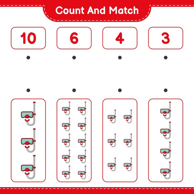 Count and match, count the number of Scuba Diving Mask and match with the right numbers. Educational children game, printable worksheet, vector illustration