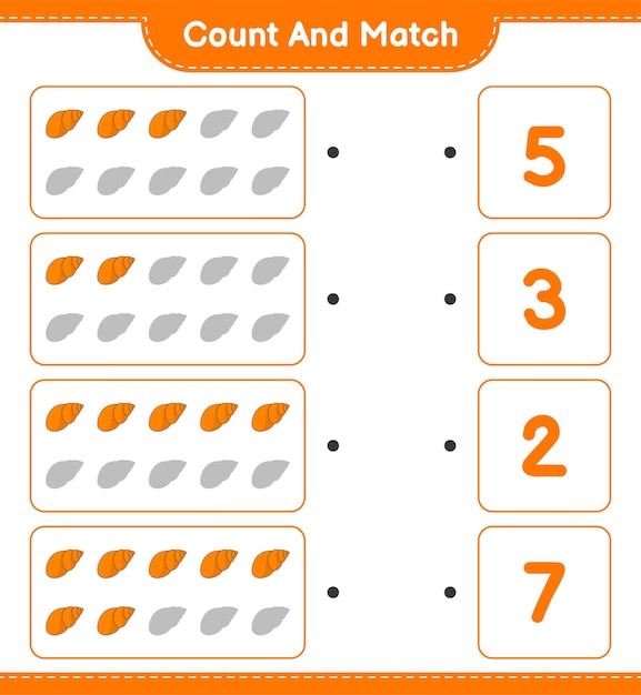 Count and match, count the number of Sea Shells and match with the right numbers. Educational children game, printable worksheet, vector illustration