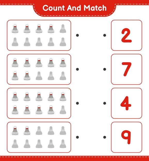 Count and match count the number of Shuttlecock and match with the right numbers Educational children game printable worksheet vector illustration
