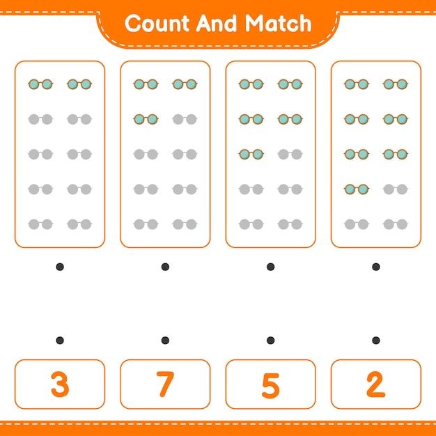 Count and match, count the number of Sunglasses and match with the right numbers. Educational children game, printable worksheet, vector illustration