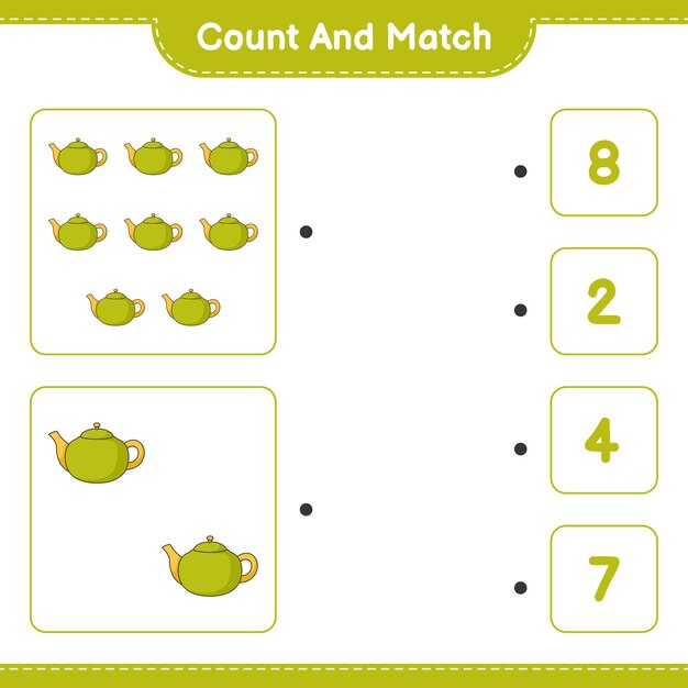 Count and match, count the number of Teapot and match with the right numbers. Educational children game, printable worksheet, vector illustration