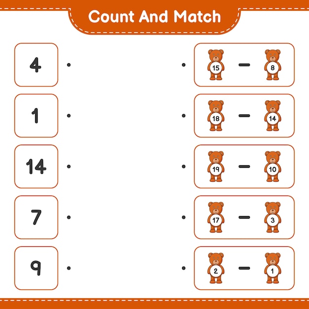 Count and match, count the number of Teddy Bear and match with the right numbers. Educational children game, printable worksheet, vector illustration