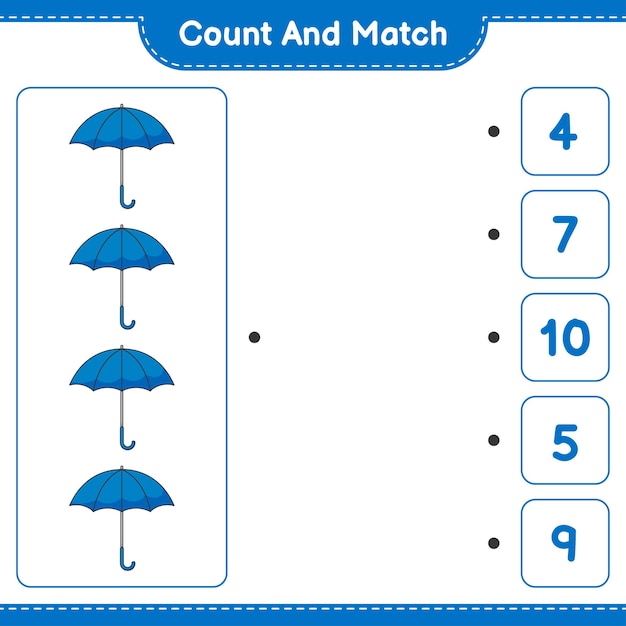 Count and match, count the number of Umbrella and match with the right numbers. Educational children game, printable worksheet, vector illustration