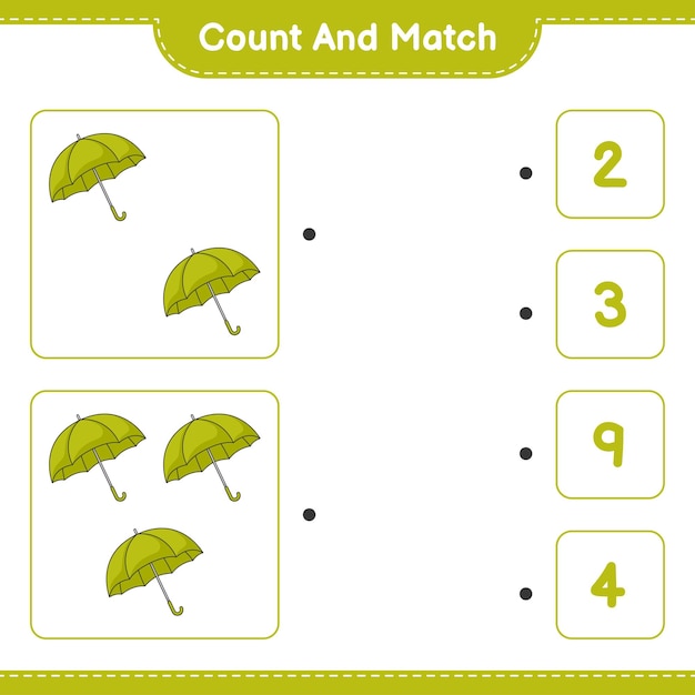 Count and match, count the number of Umbrella and match with the right numbers. Educational children game, printable worksheet, vector illustration