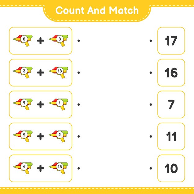Count and match, count the number of Water Gun and match with the right numbers