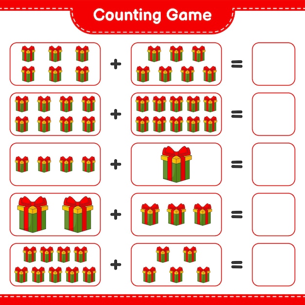 counting game, count the number of gift box and write the result. educational children game, printable worksheet, vector illustration