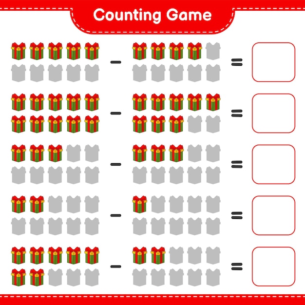 counting game, count the number of gift box and write the result. educational children game, printable worksheet, vector illustration