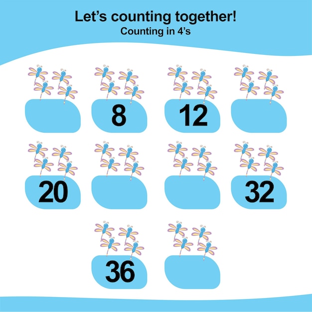 counting game for children. count multiples of four. educational printable math worksheet.
