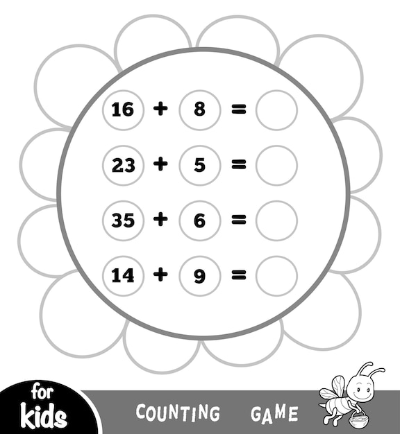 Counting Game for Kids Educational math page Addition worksheets on background of a big flower