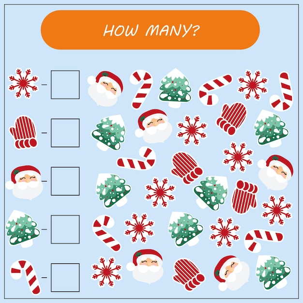 Counting Game for Preschool Children. Educational a mathematical game. Count how many christmas