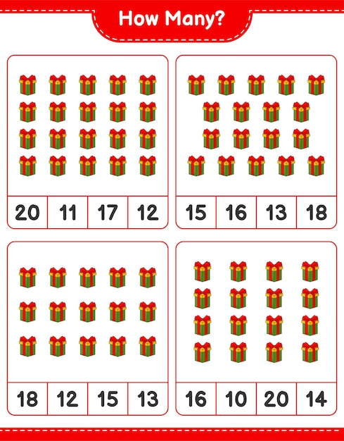counting game, how many gift box. educational children game, printable worksheet, vector illustration