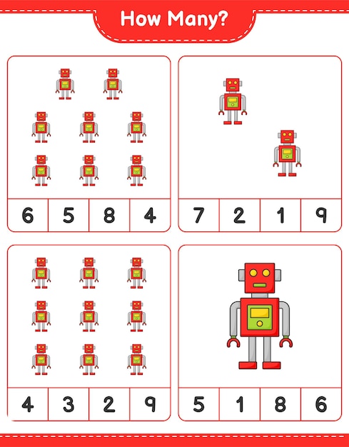 counting game how many robot character educational children game printable worksheet vector illustration
