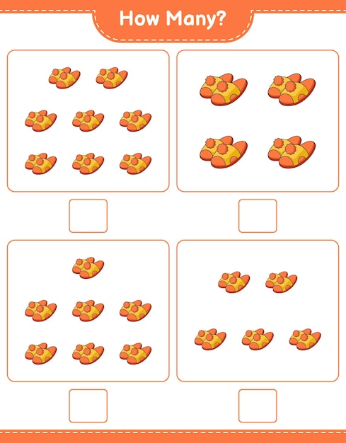 counting game, how many slippers. educational children game, printable worksheet, vector illustration
