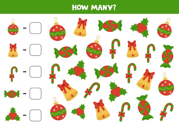 Counting game with cartoon Christmas items Math worksheet