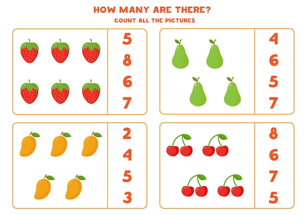Counting game with cartoon fruits and berries Educational worksheet