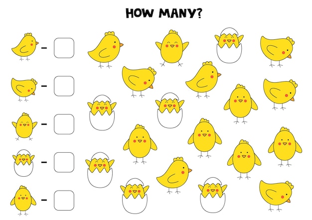 Counting game with cute yellow chickens Math worksheet