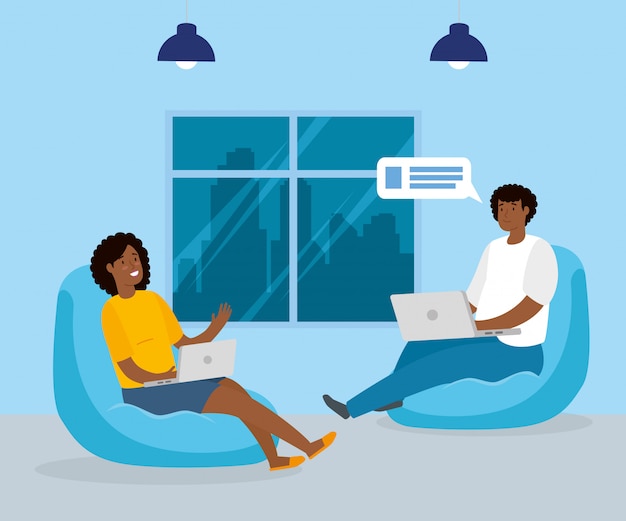 Couple afro working in telecommuting sitting in pouf