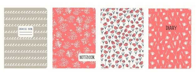Cover page templates based on seamless patterns with anemone flowers poppies and spiral lines as cursive imitation Backgrounds for notebooks notepads diaries Headers isolated replaceable