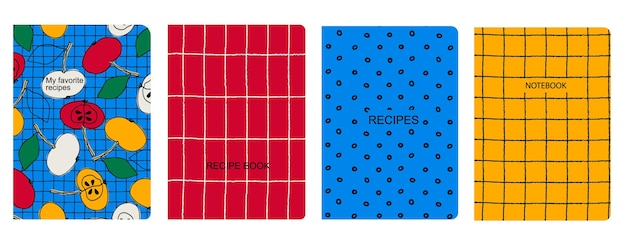 Cover page templates for recipe books based on seamless patterns with hand drawn fruits vegetables kitchen utensils