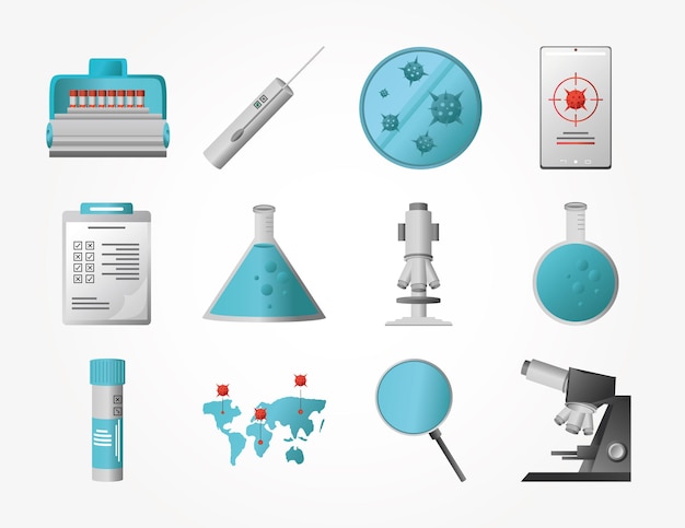 Covid 19 virus research and vaccine symbols set design of 2019 ncov cov and coronavirus theme 