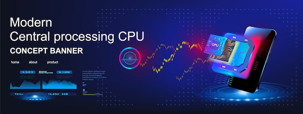 CPU New generation computer processor Innovative chip for processing large amounts of streaming information Processor on futuristic background with mobile phone Advanced internet technologies