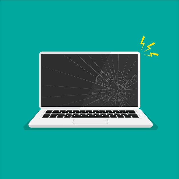 cracked monitor black broken laptop display repair computer vector illustration