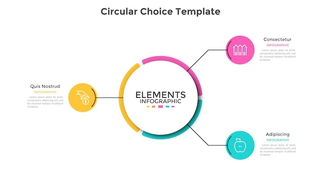 Creative diagram with 3 round elements connected to main circle. Concept of three features of marketing strategy. Modern infographic design template. Flat vector illustration for presentation, banner.