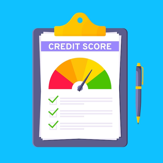 credit score gauge speedometer indicator with color levels on clipboard
