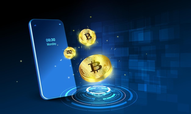 cripto currency, bitcoin crypto on mobile. banner vector