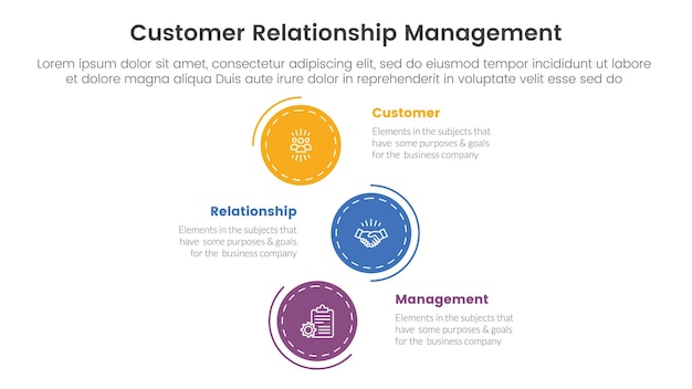 CRM customer relationship management infographic 3 point stage template with vertical stack circle direction for slide presentation