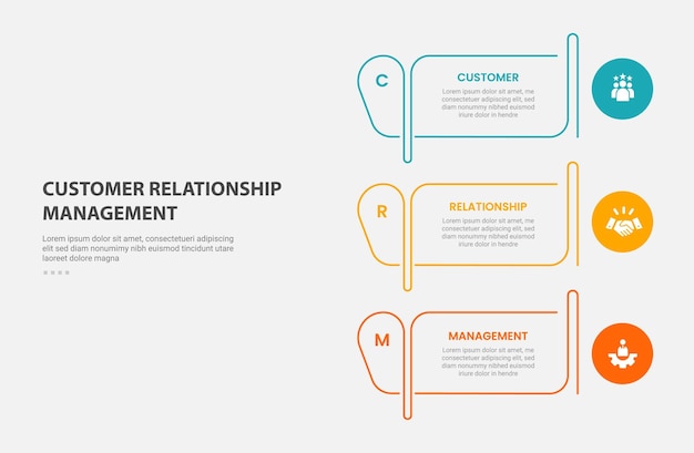 crm customer relationship management infographic outline style with 3 point template with creative table outline and circle on edge for slide presentation