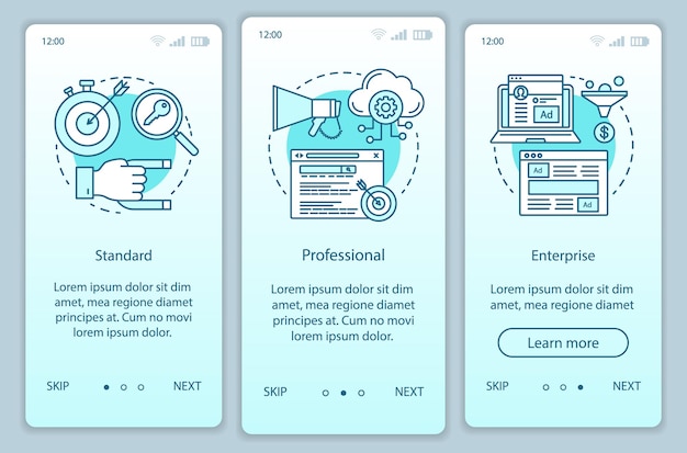 CRM subscription onboarding mobile app page screen vector template. Standard or professional tariffs. Walkthrough website steps with linear illustrations. UX, UI, GUI smartphone interface concept