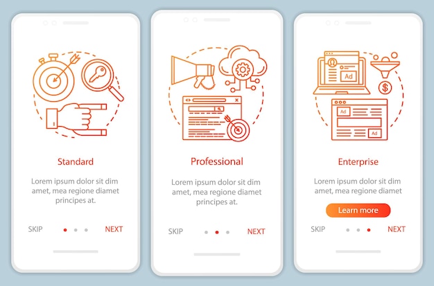 CRM subscription onboarding mobile app page screen with linear concepts