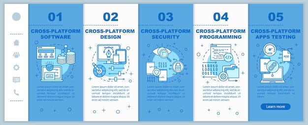 Cross platform development onboarding mobile web pages vector template. Responsive smartphone website interface idea with linear illustrations. Webpage walkthrough step screens. Color concept