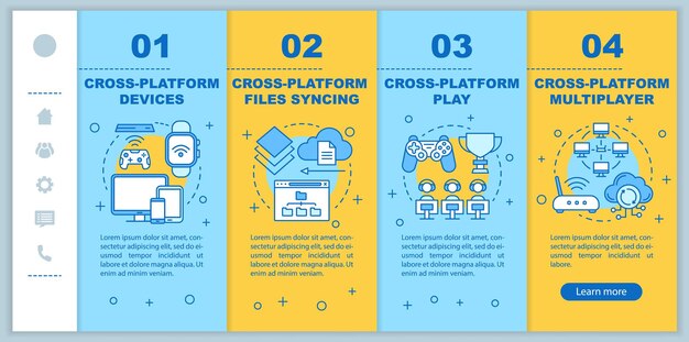 Cross platform multiplayer onboarding mobile web pages vector template. Responsive smartphone website interface idea with linear illustrations. Webpage walkthrough step screens. Color concept