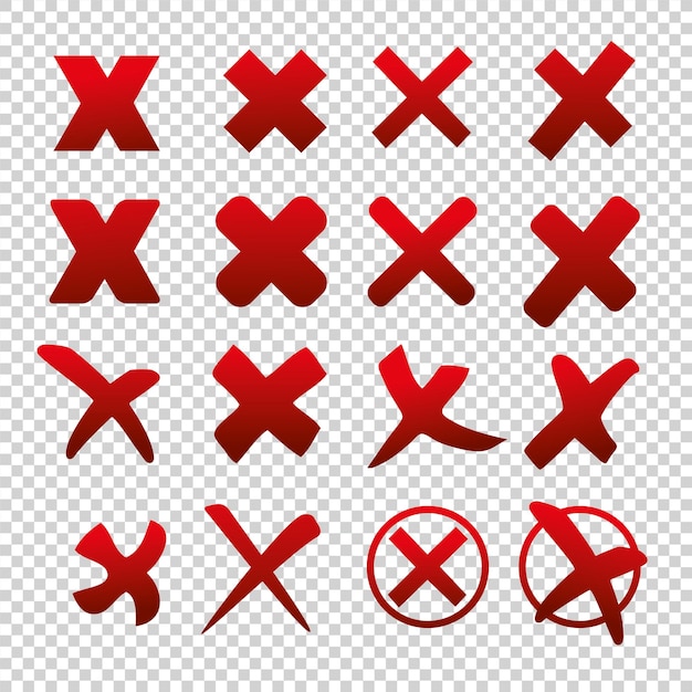 Cross sign elements set on checked transparent background. Mark graphic design. Button for vote, decision, web. Symbol of error, check, wrong and stop, failed. Vector illustration. Eps 10 vector file.