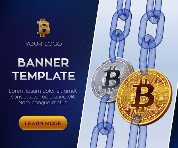 Crypto currency editable banner template. Bitcoin. Golden and silver bitcoin coins with wireframe chain.