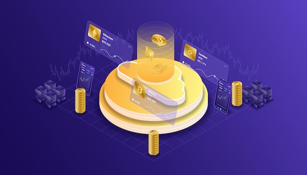 Cryptocurrency, bitcoin, ethereum, cardano, blockchain, mining, technology, internet IoT, security, mobile dashboard isometric  illustration  cpu computer