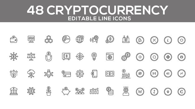 Cryptocurrency Line Icons Set Editable Bitcoin Ethereum Blockchain Icons for Web and App Design