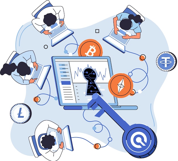 cryptocurrency marketplace design with men crypto traders work with laptop cryptocurrency investing platform bitcoin stock exchange vector online wallet and payments digital money transactions