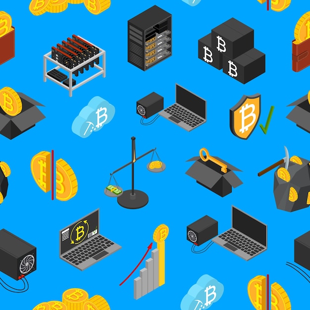 Cryptocurrency Mining Blockchain Seamless Pattern Background Isometric View Include of Farm Wallet Private Key Pool and Asic Vector illustration