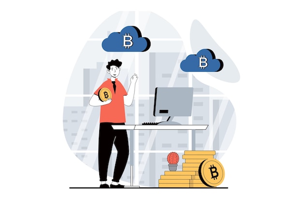 Cryptocurrency mining concept with people scene in flat design for web Man mining bitcoins using cloud computing at data center Vector illustration for social media banner marketing material