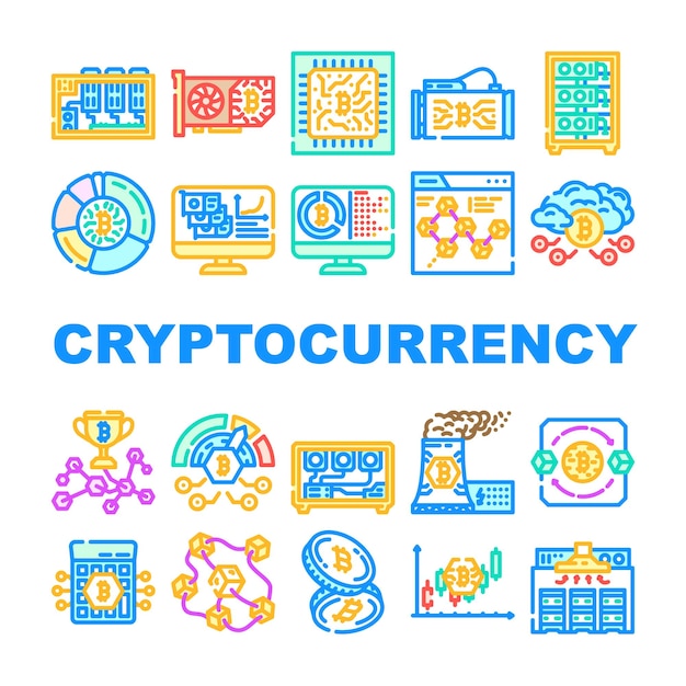 cryptocurrency mining wallet icons set vector