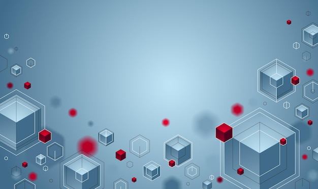 Cubes cluster with red and blue elements lines and dots vector abstract background, 3D abstraction geometric design, technology and science theme.