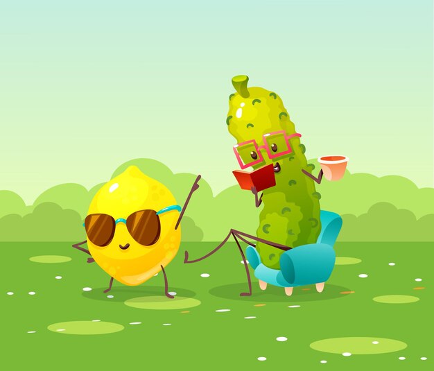Cucumber and lemon are resting in meadow, reading, doing exercises.
