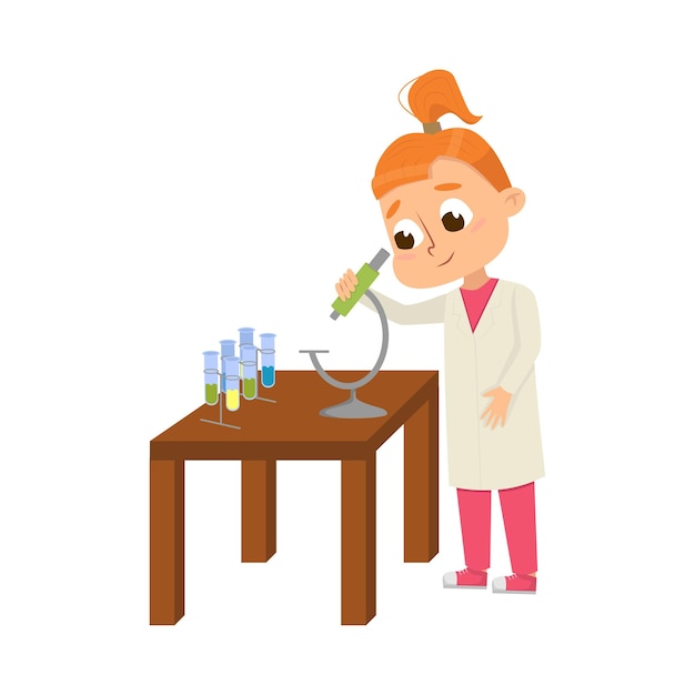 Curious girl examining chemicals with microscope studying chemistry vector illustration