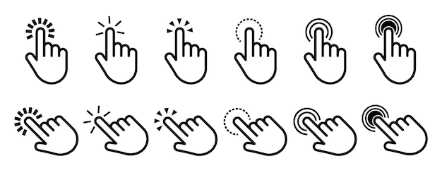 Cursor and pointer icon set with clickable hand arrows digital buttons and interface elements for