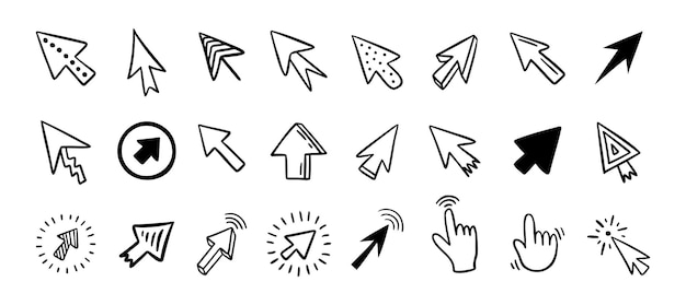 Cursor doodle icon set Click cursor hand drawn set Isolated mouse cursor