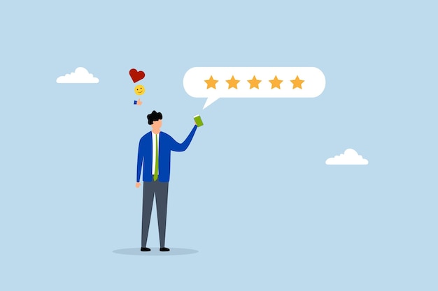 customer feedback from mobile application content individual with phone providing 5 star review