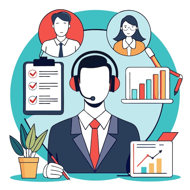 Customer service representative with headset checklist graphs and a plant surrounded by two colleagues